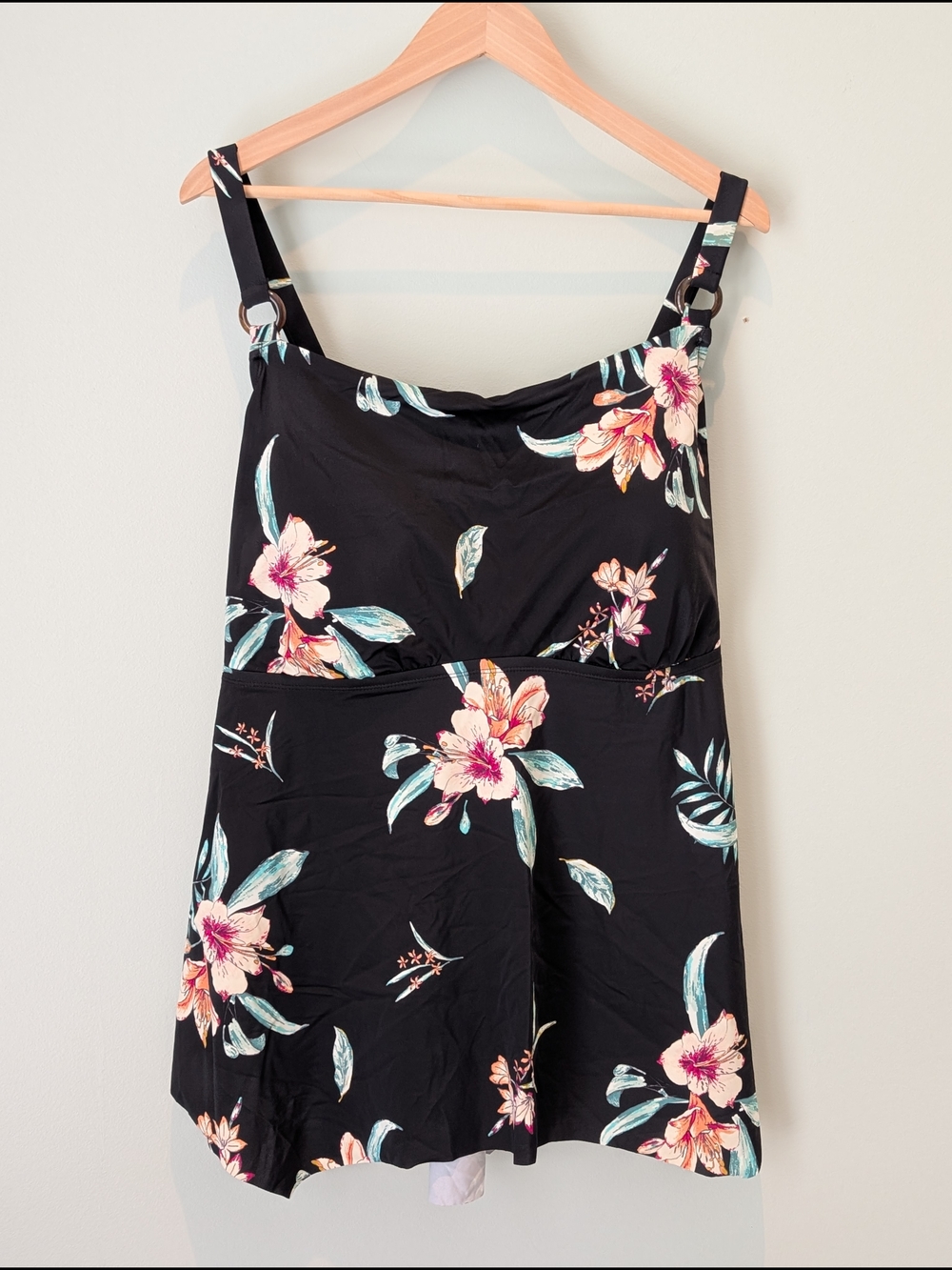 Black Floral Tankini Top with Pink & Teal Blooms